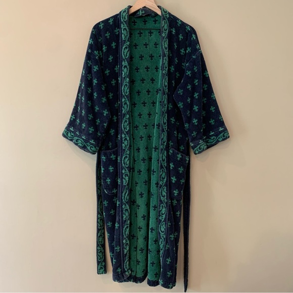 Vintage Komar Terry Robe Belted Navy Green OS Full Length‎ Geometric Paisley - Picture 1 of 9